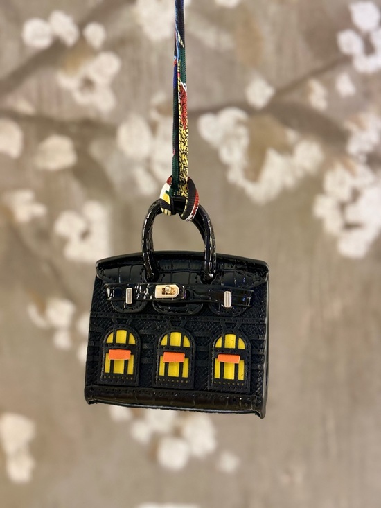 Accessories - Black Novelty Mini Birkin Bag charm in Black Yellow Window Detail